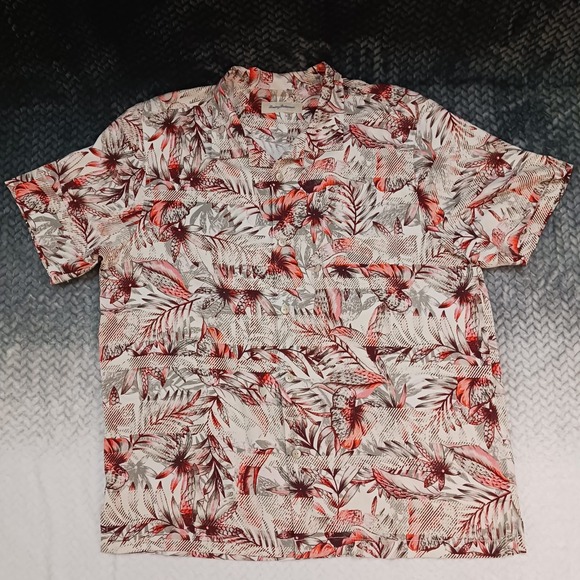 Tommy Bahama Silk Button Up Shirt Red Floral Tropical Leaf Print Men's Sz XLarge - Picture 1 of 8